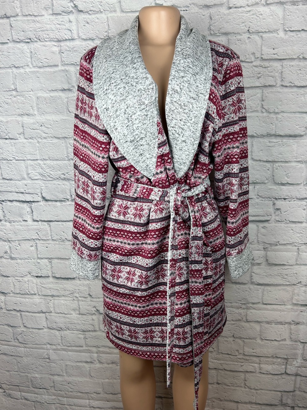 Nautica M/L Fair Isle Snowflake Belted Cardigan Sweater Coat Burgundy Gray